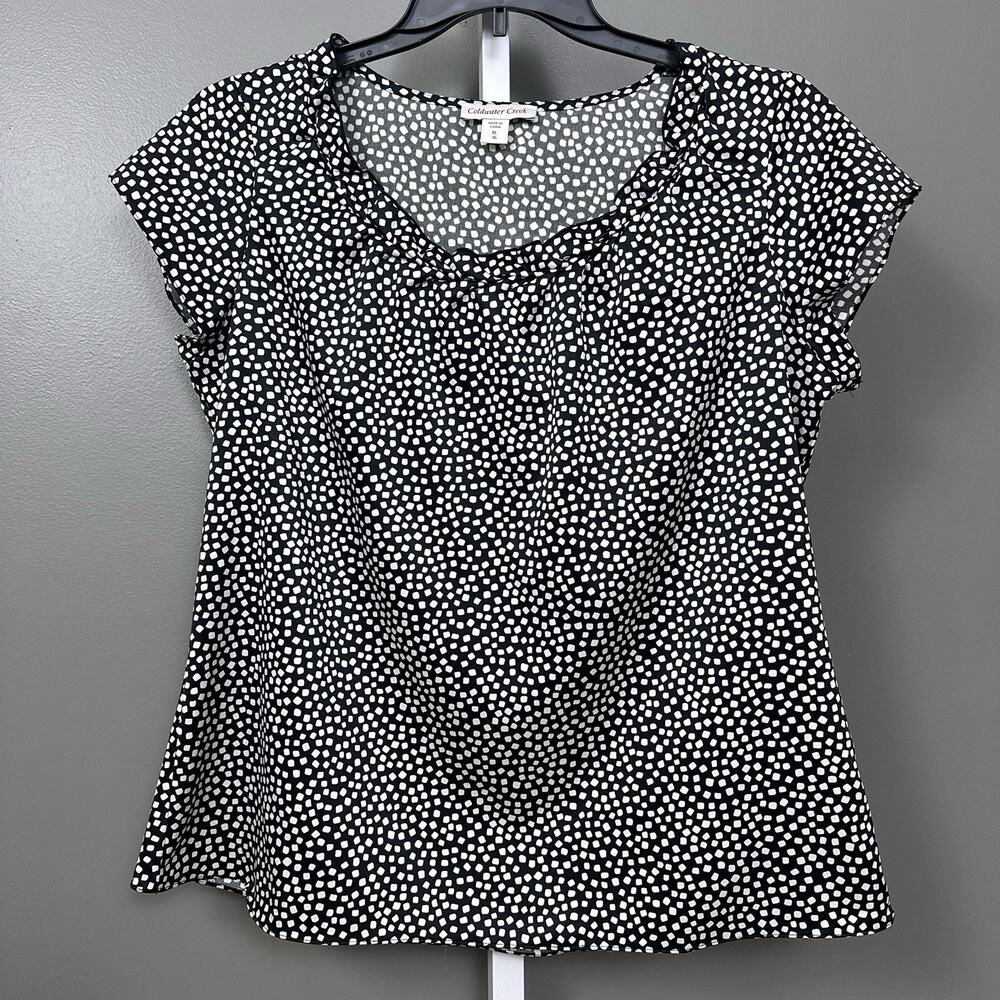 Coldwater Creek Blouse XL 16 Black White Geometric Print Ruched Ruffle Neck Top